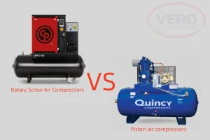 Tabla comparativa de compresores de pistón frente a compresores de tornillo rotativo con características y ventajas.